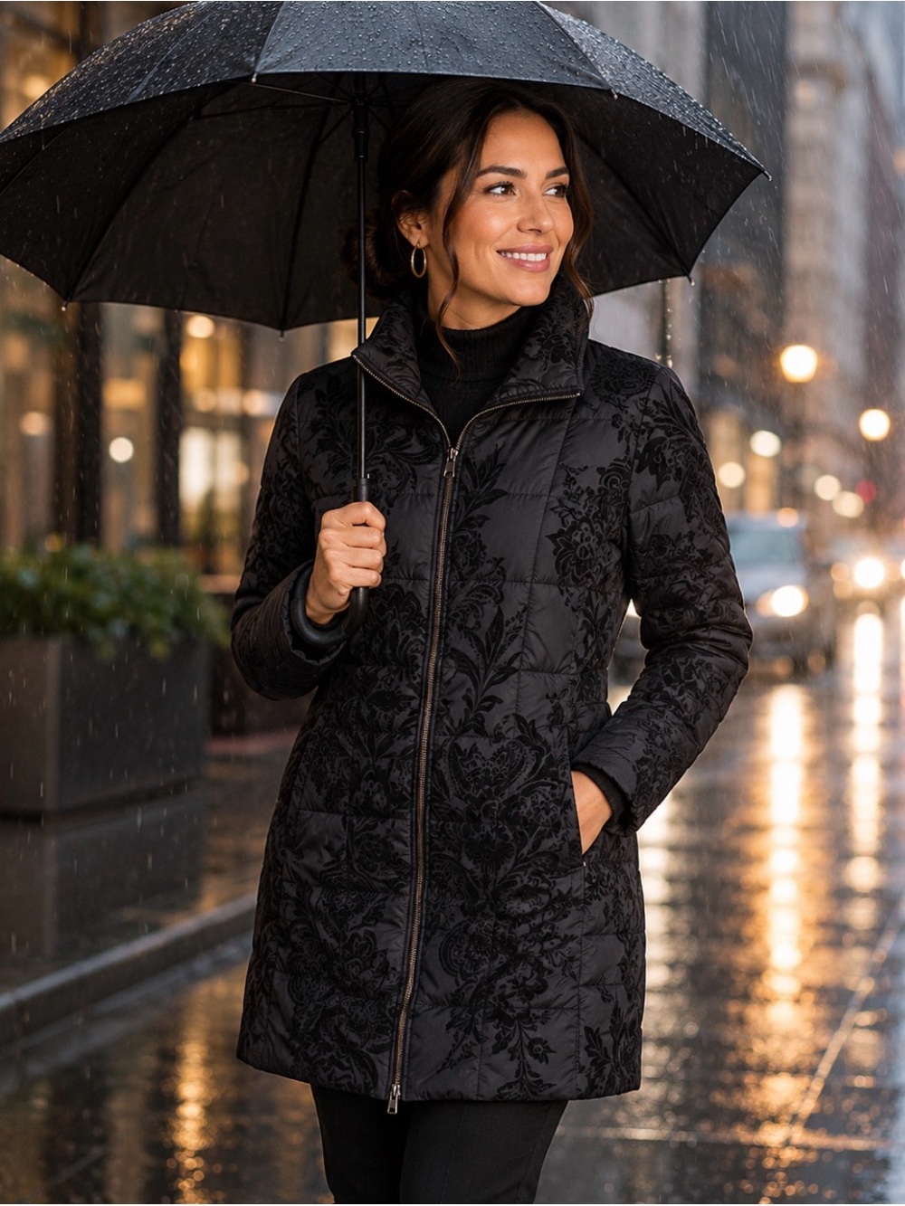 Chico’s Black Quilted Floral Puffer Coat Size 2 L/XL Zip Front Jacket
